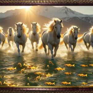 Vastu White Horse with Water & Golden Fish – Prosperity & Success Framed Wall Art
