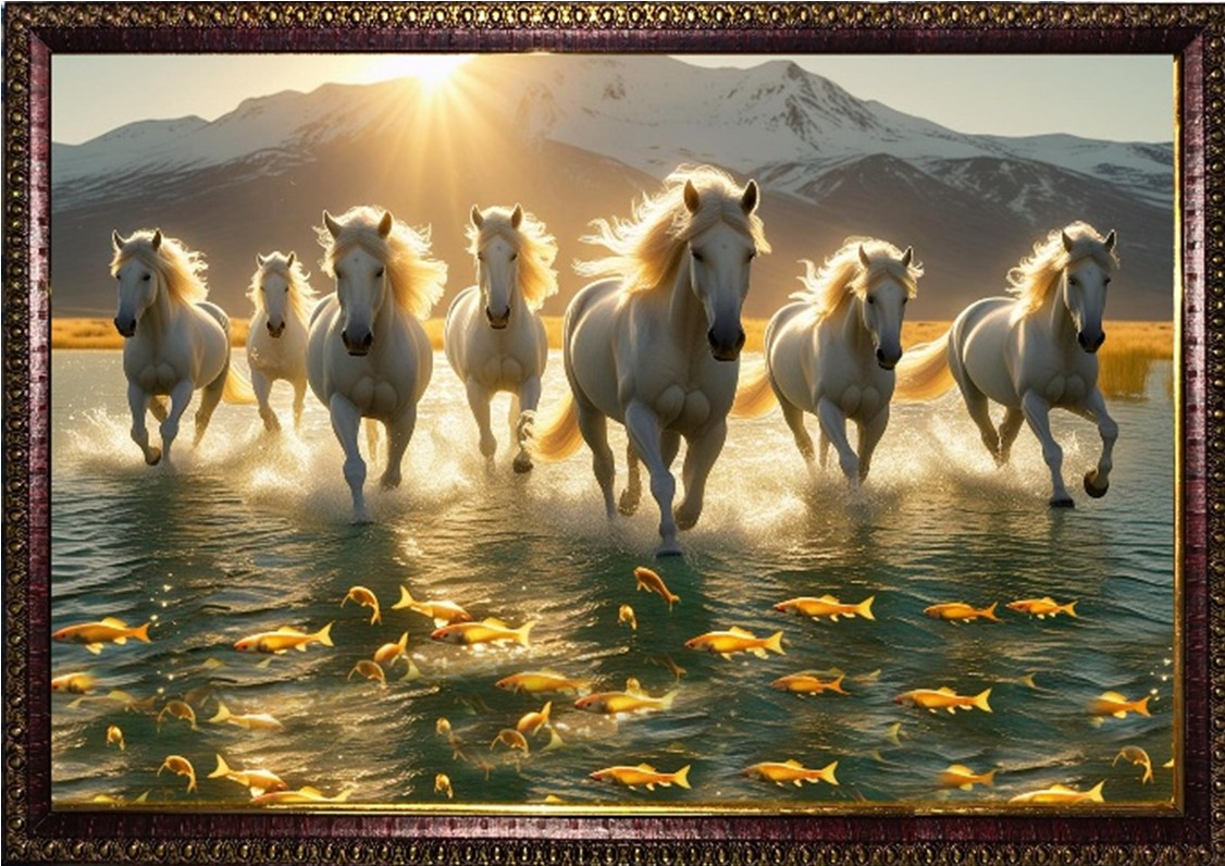 Vastu White Horse with Water & Golden Fish – Prosperity & Success Framed Wall Art